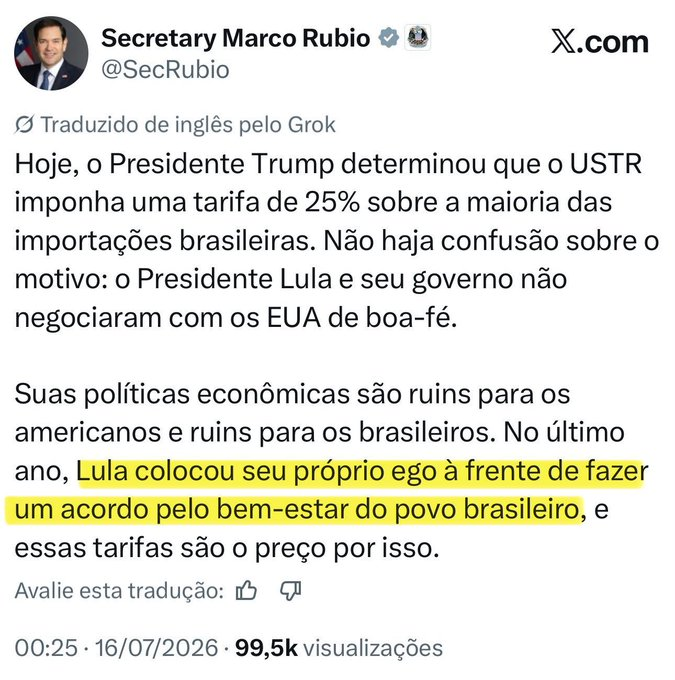 zfabrogmailcom's tweet photo. Quero ver o que a mídia vai falar .
O Lula quis essas tarifas e ele conseguiu.Marco Rubio deixa claro que o Lula tentou dar um migue nos EUA. https://t.co/ah2DGOIuUP