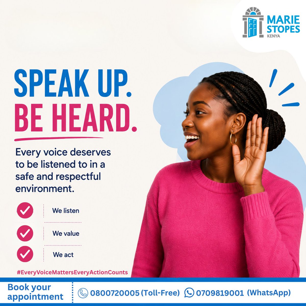 MarieStopesKe's tweet photo. Every Voice Matters. Every Action Counts.

Safeguarding is more than a policy, it's a commitment to creating safe, respectful, and inclusive environments for everyone we serve and work alongside.

As we mark Safeguarding Week, MSI Reproductive Choices Kenya reaffirms our commitment to protecting the rights, dignity, and wellbeing of our clients, communities, partners, and colleagues. We believe that everyone has a role to play in preventing harm, speaking up when something doesn't feel right, and fostering a culture of accountability and trust.

When we listen, act, and support one another, we create spaces where every individual feels safe, respected, and empowered.
Let's continue to build a culture where concerns are heard, addressed, and acted upon because safeguarding is everyone's responsibility.

#EveryVoiceMattersEveryActionCounts
#SafeguardingWeek