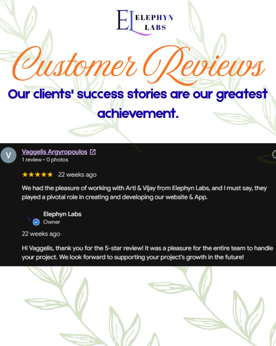 elephynlabs's tweet photo. Turning client satisfaction into long-term partnerships.

#CustomerReview #ClientFeedback #ClientTestimonial #HappyClients #5StarReview #GoogleReview #TrustedByClients #Entrepreneur #LeadGeneration #OnlinePresence #SmallBusiness #ModernWebsite #ElephynLabs #TrustedPartner https://t.co/4zSZcWip7Z