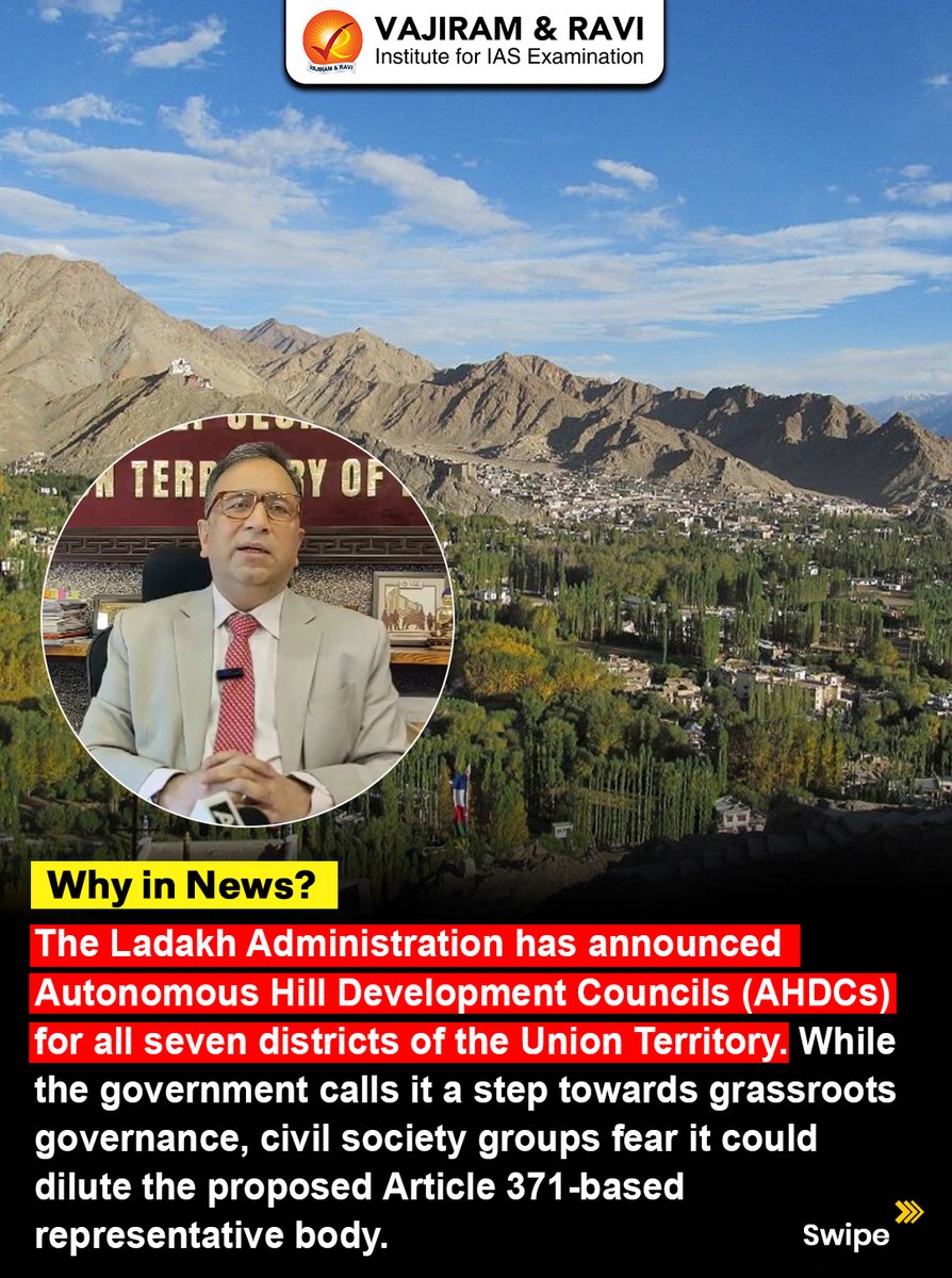 VajiramRavi's tweet photo. Ladakh's 7-Hill Council Plan! Why Is It Controversial?
The proposal to establish Autonomous Hill Development Councils (AHDCs) in all seven districts of Ladakh has sparked a major political debate.
#Ladakh #Article371 #SixthSchedule https://t.co/k0wCTn9IpY