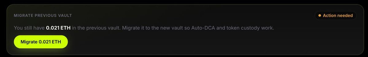 robinodexyz's tweet photo. Vault upgrade is live.

If you funded earlier, you may see:

“You still have ETH in the previous vault. Migrate it to the new vault so Auto-DCA and token custody work.”

That’s expected after today’s P2 redeploy (executeSell + SL/TP).

One click → Migrate ETH into the new PolicyExecutor. Old-vault tokens can be withdrawn to wallet too.

Do this before running Auto-DCA again. https://t.co/bSLFPgXJs2