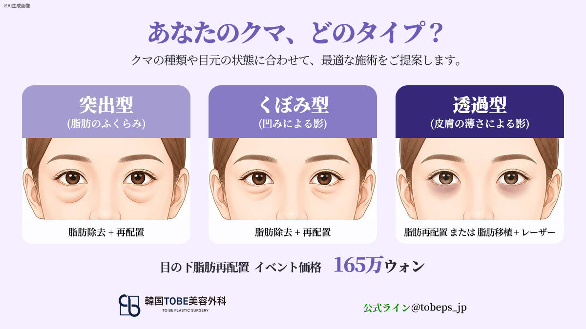 tobeps_jp's tweet photo. あなたのクマ、どのタイプ?

見た目は似ていても
脂肪のふくらみ・くぼみ・皮膚の薄さ...
原因によって適した施術は異なります。

目の下脂肪再配置・下眼瞼手術など
適切な治療法を選ぶことでより自然な仕上がりに✨

TOBEでは目元の状態を丁寧に診断🪞

オンラインカウセ📝
https://t.co/z3goXaUAkk https://t.co/Hiy9tG5gVx
