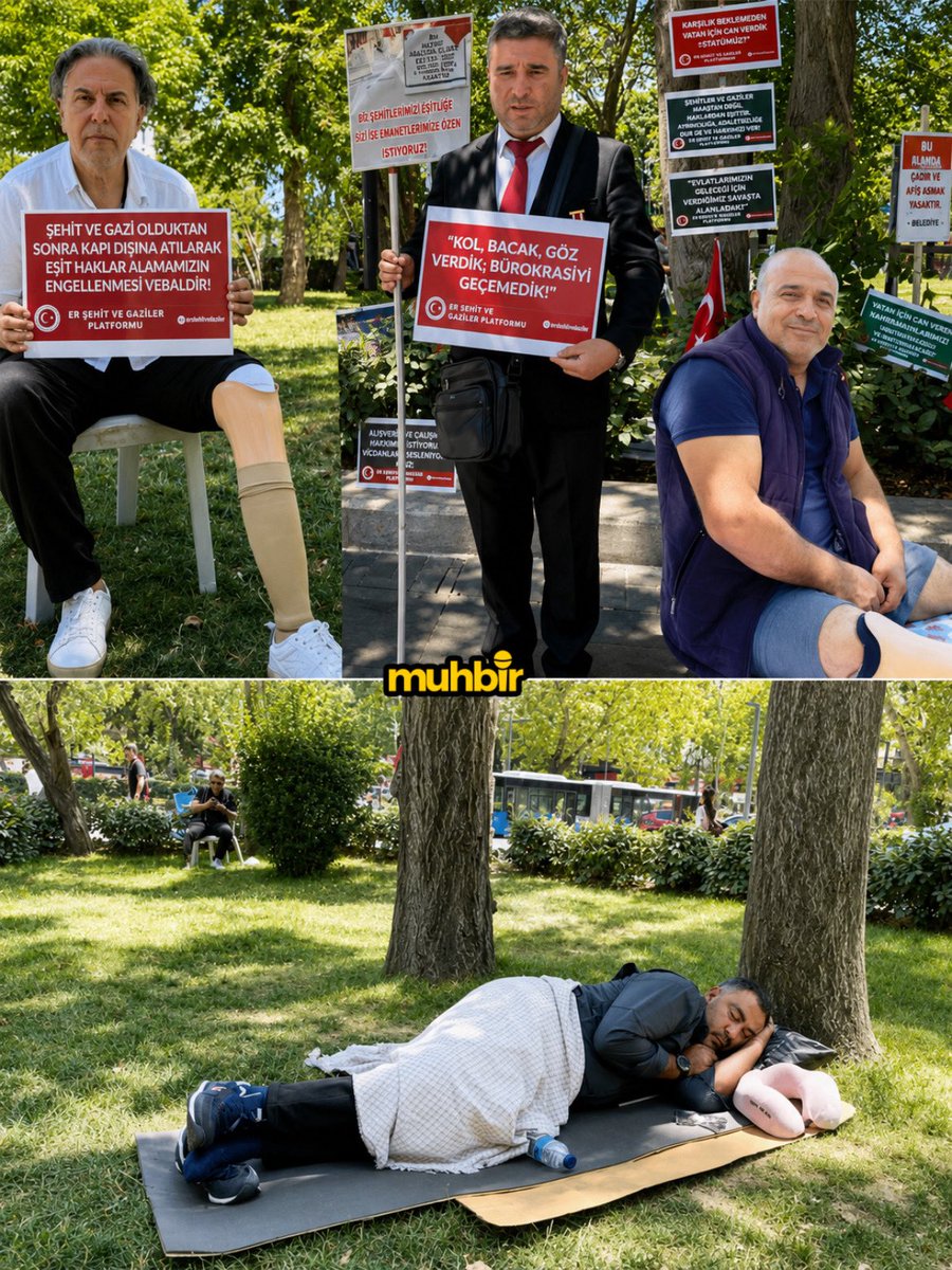 ajansmuhbir1923's tweet photo. ⚠️ “Keşke biz de şehit olsaydık da bu kadar sahipsiz kalmasaydık!”

Güvenpark’ta gece gündüz nöbet tutan er, gazi ve şehit yakınları, seslerini duyurmaya çalışıyor.

Doğu ve Güneydoğu’da terör örgütü PKK’ya karşı verilen mücadelelerde gazi olan erler, “muvazzaf-er” ayrımının bitmesini istiyor:

• 1996 yılında Irak sınırında mayına bastım. Aldığım maaş 51 bin 200 lira.

• Bu parayla dört kişiye bakmaya çalışıyorum. Keşke biz de şehit olsaydık da bu kadar sahipsiz kalmasaydık.

• Maaşımın 15 bin lirası kullandığım medikal ürünlere gidiyor. Kalan 48 bin lirayla hem iki bebeğime hem de eşim ile kendime bakıyorum. Yitip giden hayatın karşılığı bu olmamalı.

• Kurşun adres, rütbe sormuyor. Terk edilmiş hissediyoruz.

• Verdiğimiz mücadeleyi sorguluyoruz. Haklarımıızı istiyoruz.

• Aldığım gazi ve emekli maaşının toplamı yoksulluk sınırı etmiyor. Astsubaya emsal maaş bağlanırken biz niye emekli memur statüsünde görülüyoruz?

• Dünyanın hiçbir yerinde bu görüntüyü göremezsiniz. Bizim ülkemizde şehidimiz, gazimiz sahipsiz.

• Hepimiz bu vatan için ayaklarımızı, gözlerimizi verdik. Kimse bize ‘burada ne yapıyorsunuz’ demiyor. (Nefes - İlke Çıtır)