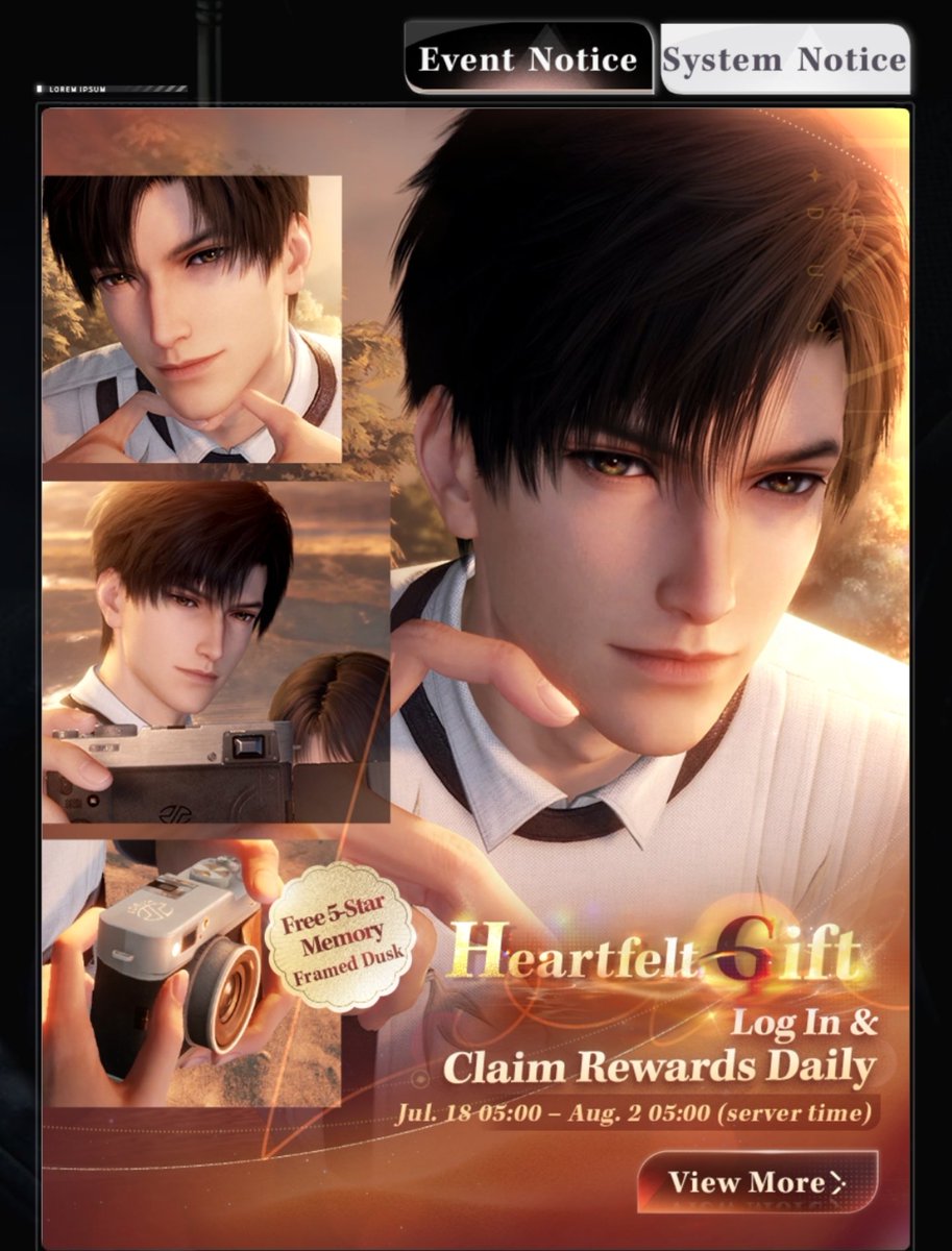 pinkcrispss's tweet photo. The way that they stubbornly continued to stretch their silence, they don't even want to announce my poor Zayne's Heartfelt Gift 😔❄️ We don't even get to see his PV?

Free 5-star memory: Framed Dusk 
Event Period: 18-Jul to 2-Aug https://t.co/62j3dL440E