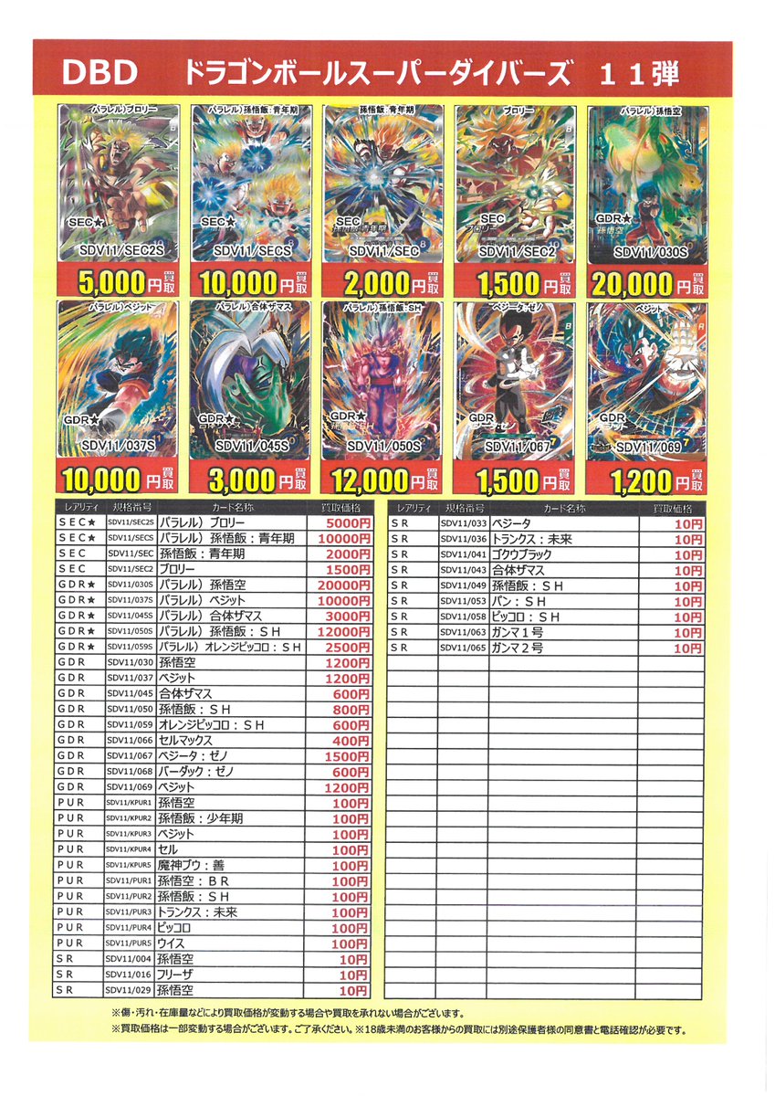 ドラゴンボールスーパーダイバーズ 11弾 買取告知を更新しております
