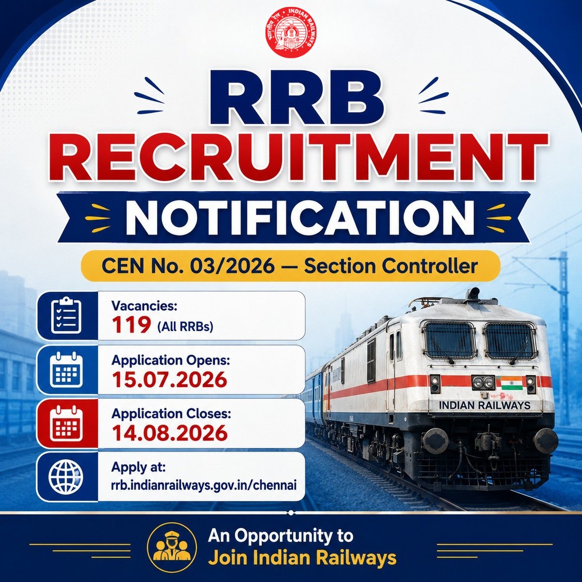 GMSRailway's tweet photo. 📢 Recruitment Alert! Railway Recruitment Boards (RRBs) invite applications for Section Controller under CEN No. 03/2026.

Apply at: https://t.co/pG1b29Ygje

Eligible candidates are encouraged to apply before the last date.

#RRB #SectionController #SouthernRailway #IndianRailways #RailwayJobs