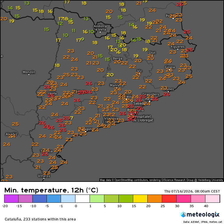 SeguimlaMeteo's tweet photo. Nit extraordinàriament càlida, de les més càlides mai registrades al conjunt de Catalunya. Han caigut rècords.

Nit tropical (> 20 ºC) arreu, excepte al Pirineu. 

Nit TÒRRIDA (> 25 ºC) a zones excepcionals: Lleida, Tàrrega, Cervera o al centre de Girona. https://t.co/QefRV77oC0