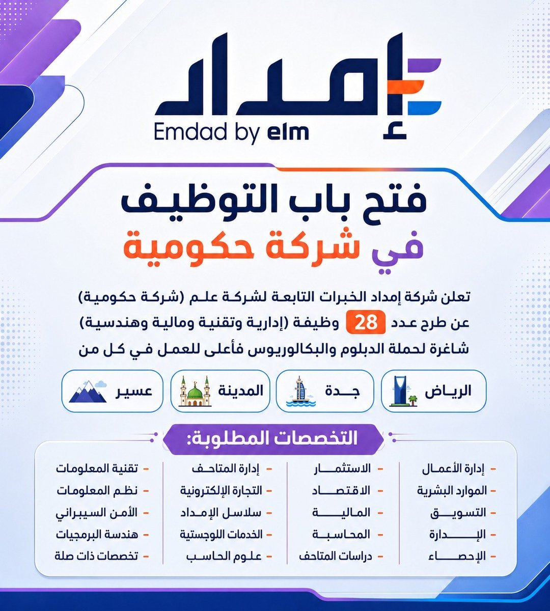 WadhefaDotCom's tweet photo. 🟢 إعلان #وظائف_شاغرة في (شركة حكومية):

شركة إمداد التابعة لشركة علم (شركة حكومية) تعلن عن فتح باب التوظيف لشغل عدد من وظائفها الشاغرة لحملة الدبلوم والبكالوريوس فأعلى، للعمل في كل من (الرياض، المدينة، جدة، عسير).

التفاصيل: https://t.co/MNIkRXFfOO https://t.co/o9lhBhW83p