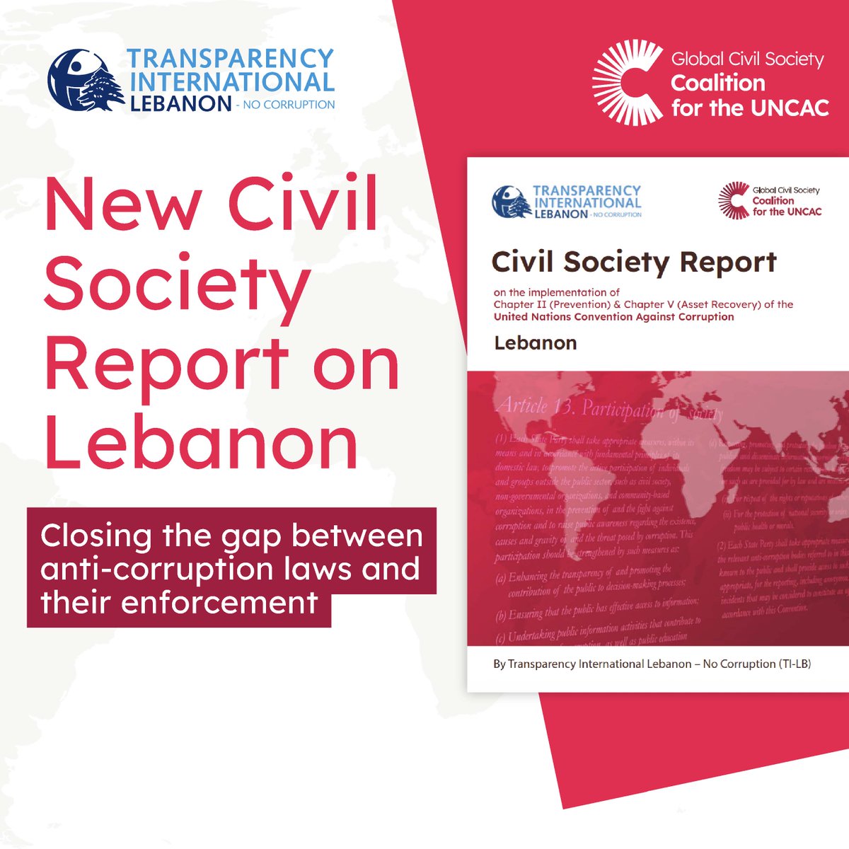 uncaccoalition's tweet photo. 🔔New assessment of anti-corruption in #Lebanon🔔

@TI_Lebanon’s new #CivilSociety report on the implementation of the #UNCAC

👉 Read the full report here: https://t.co/RmmWnTkGti https://t.co/gHplxn0aOw