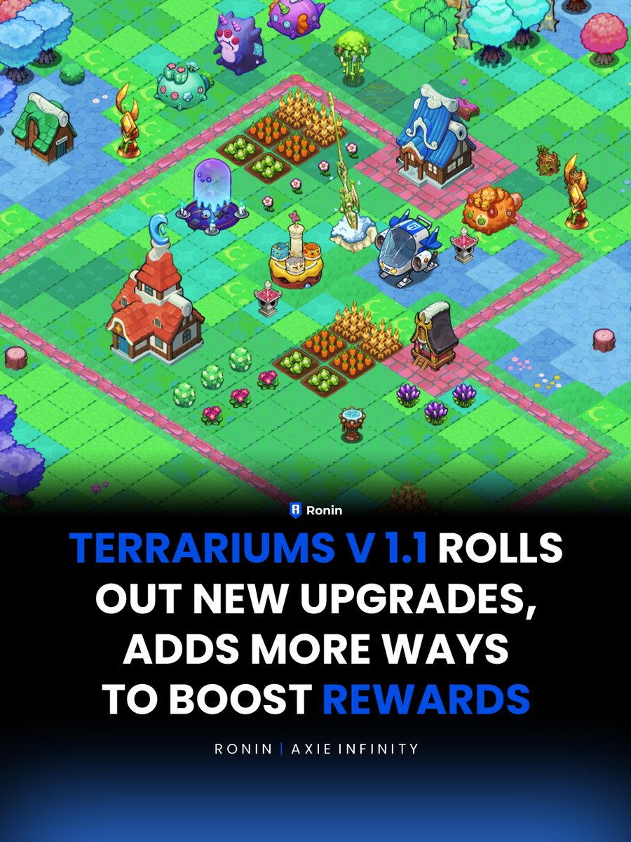 Ronin_Network's tweet photo. Axie's Terrariums continues to evolve.

V1.1 introduces more ways to boost your Atia's Flame with accessories, evolved parts, Fortune Slips, land items, and more.

The rollout is underway, with more updates arriving throughout July. https://t.co/q3OZISq3Vf