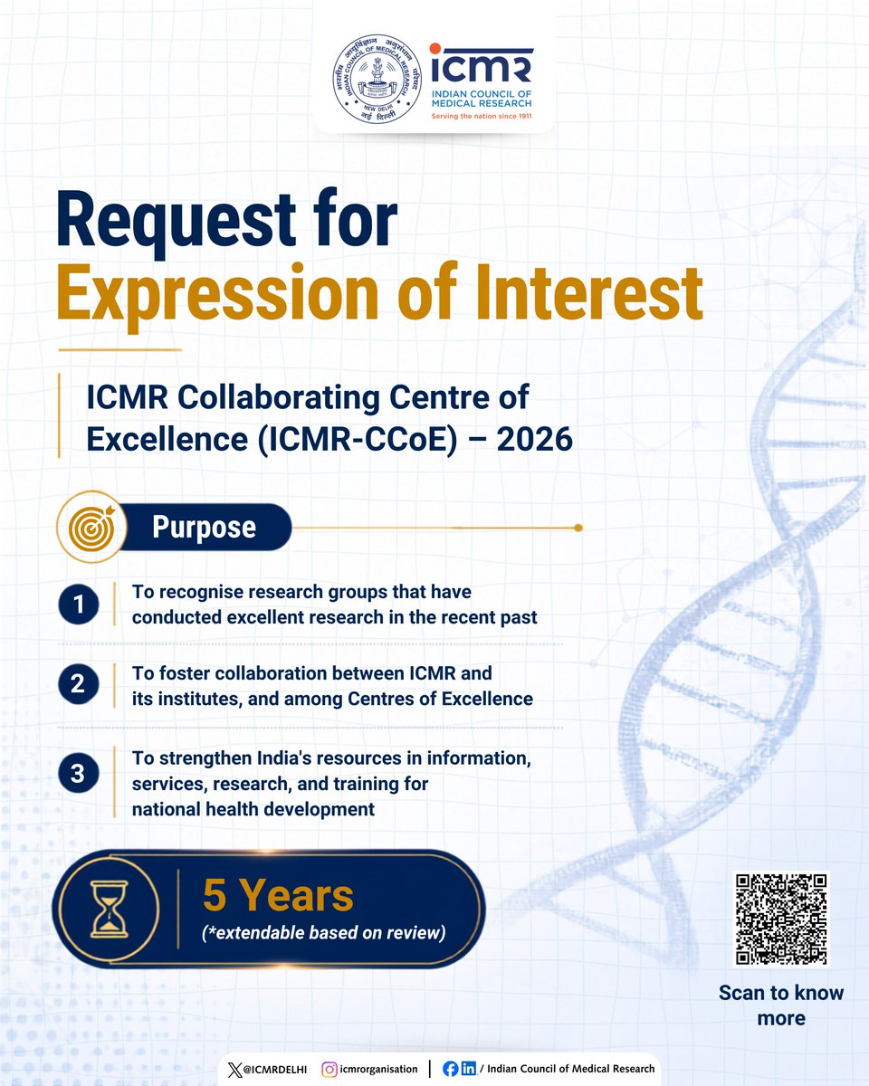 ICMRDELHI's tweet photo. 🚀ICMR invites EoI for recognition as ICMR -CCoE 2026!

🏛️ Eligible research institutions &amp; organisations are encouraged to submit applications through the ICMR ePMS portal.

📅 Term: 5 Yrs
⏳ Deadline: 31 July 2026, 5 PM

📄 For Details: 
🔗 https://t.co/goDNFk1Met https://t.co/VTlax7Tyd4