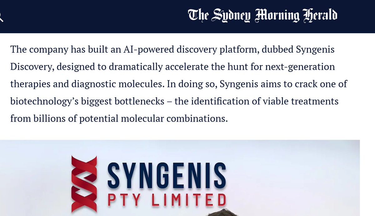 ausstockchick's tweet photo. Alright... get your head around this!

Syngenis have built an AI-powered discovery platform, 'Syngenis Discovery', designed to dramatically accelerate the hunt for next-generation therapies and diagnostic molecules. 

In doing so, Syngenis aims to crack one of biotechnology’s biggest bottlenecks – the identification of viable treatments from billions of potential molecular combinations.

So AI meets biotech.

Article from Bulls n bears explains it well.

I am excited by this one.

Can I say incoming IPO of the YEAR?
https://t.co/CAkh0YUSmK

#Biotech