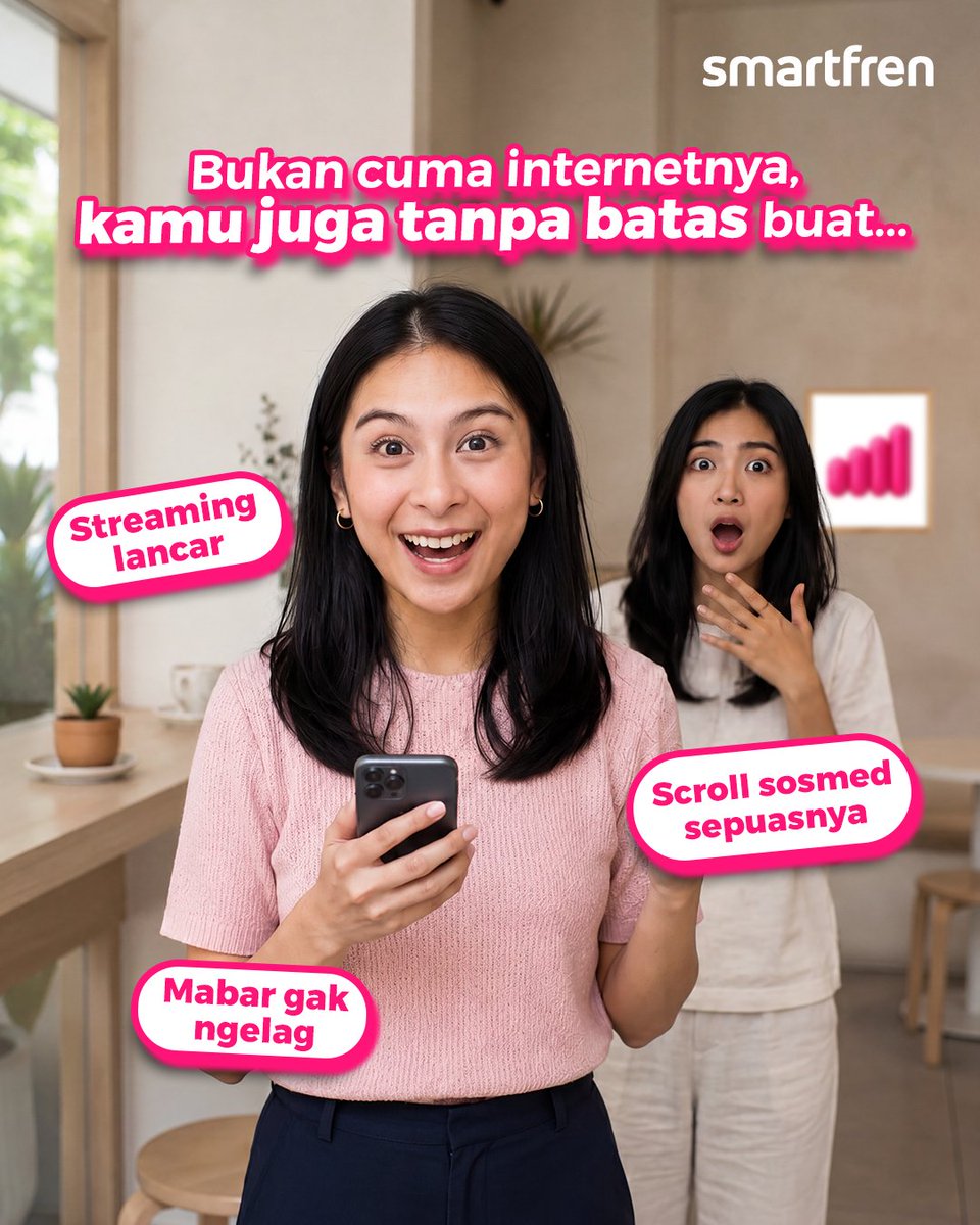 smartfrenworld's tweet photo. Unlimited 5G Bisa buat beneran tanpa batas ngelakuin hal-hal mulai dari streaming sampai upload dan download konten.

SMARTFREN Unlimited 5G Tanpa batas kecepatan, tanpa batas kuota yang Unlimited nya beneran!

#Unlimited5G
#JagoanSinyalSeIndonesia
#SMARTFREN https://t.co/WT1mjgVxUT