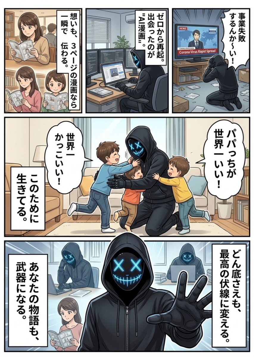 oyabaka_CEO's tweet photo. はじめまして、親バカ社長です🎨

僕の人生を"3ページ漫画"にしてみました。
料理人→600万詐欺→プレゼン日本一→タワマン→世界一周→コロナで事業死→再起。
情緒どうなってんねん。笑

この漫画、あなたの分も【100人限定・無料】で作ります。
受け取りは固定のプロフLINEから👇 https://t.co/g4DHsHJw1v