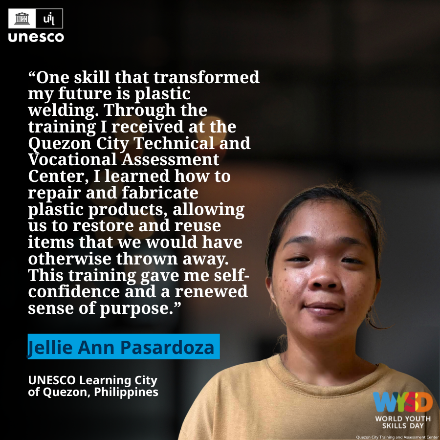 UIL's tweet photo. In the context of #WorldYouthSkillsDay, Jellie Ann shows how lifelong learning in the UNESCO Learning City of Quezon is equipping young people with technical &amp; vocational skills that create opportunities, promote sustainability &amp; strengthen communities.

🔗https://t.co/slbtxkjHCj https://t.co/3QmntlkIeH
