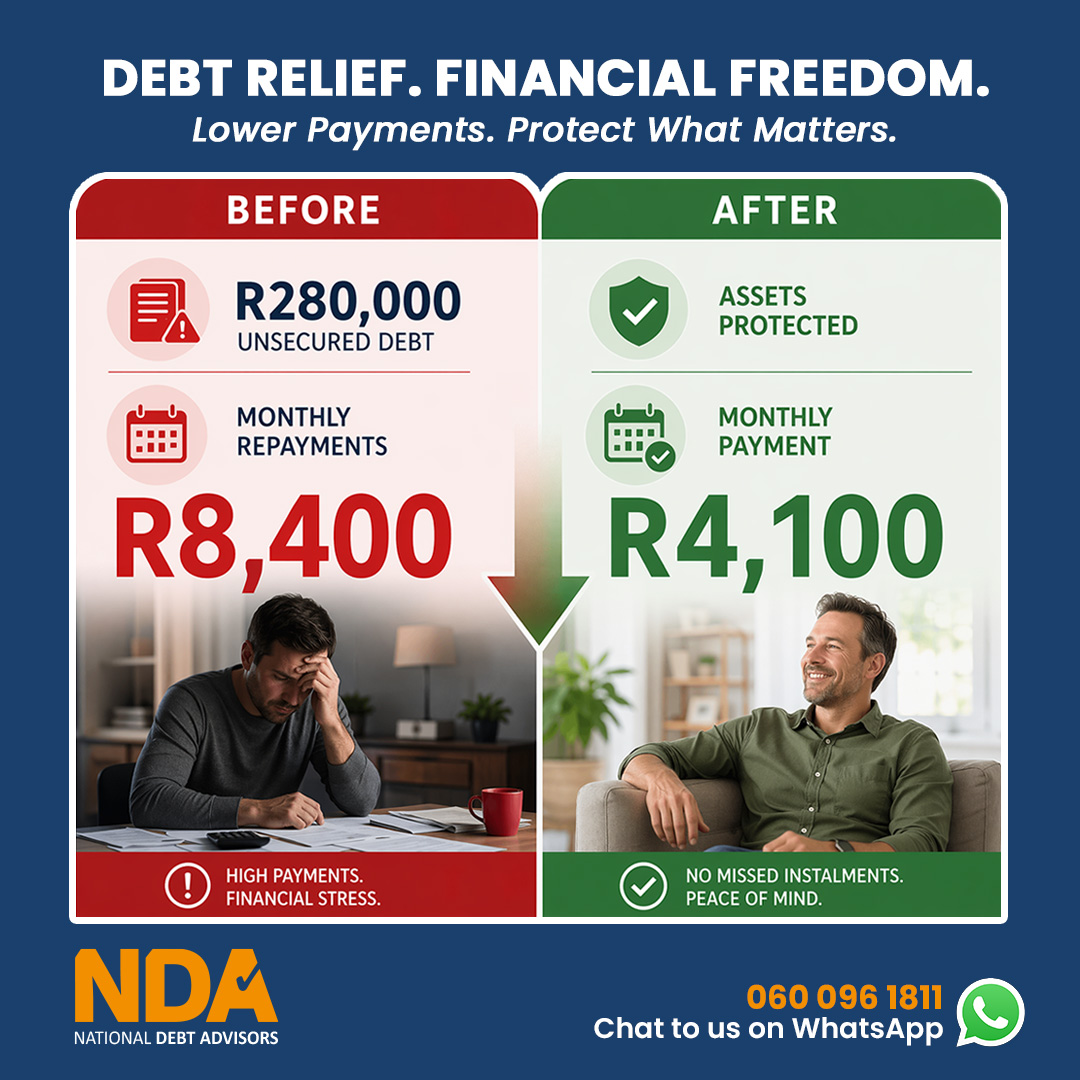 NationalDebtAdv's tweet photo. She came to us with R280,000 in unsecured debt. Three credit cards, a personal loan, and a forgotten store account. Twenty-four months into debt review, she pays R4,100 instead of R8,400 monthly, with assets protected and no missed instalments. That's what debt counselling does. https://t.co/mlLh88P1aS