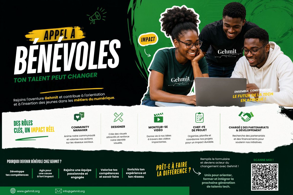 Gehmit_IT's tweet photo. 🚀 #Gehmit recrute des bénévoles !
• Community Manager Tech
• Designer Graphique
• Monteur Vidéo
• Chef de Projet
• Chargé(e) des Partenariats et du Développement
🔗 Candidatez ici : https://t.co/W9FOqo7udT https://t.co/TixbEo0odC