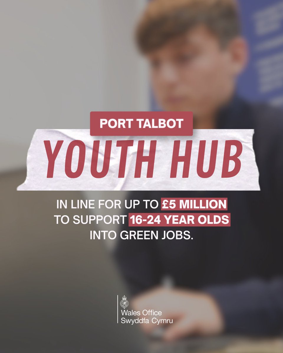 WalesOffice's tweet photo. 📣 Great news for young people in Port Talbot! 
 
The @DWPgovuk Port Talbot Youth Hub is in line for up to £5 million to support 16–24 year olds to get into green industries and local job opportunities 🌱  
 
https://t.co/g9Pl8mzCsd https://t.co/7y4XzS4kxH