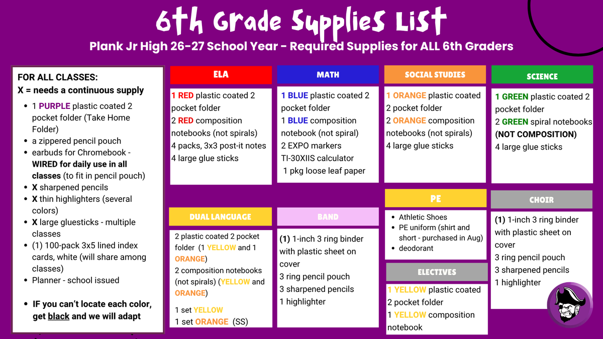 plank308's tweet photo. 📚 Plank's 2026 Back-to-School Supply Lists for 6th, 7th &amp; 8th Grades. https://t.co/5E8U5ZL4vH