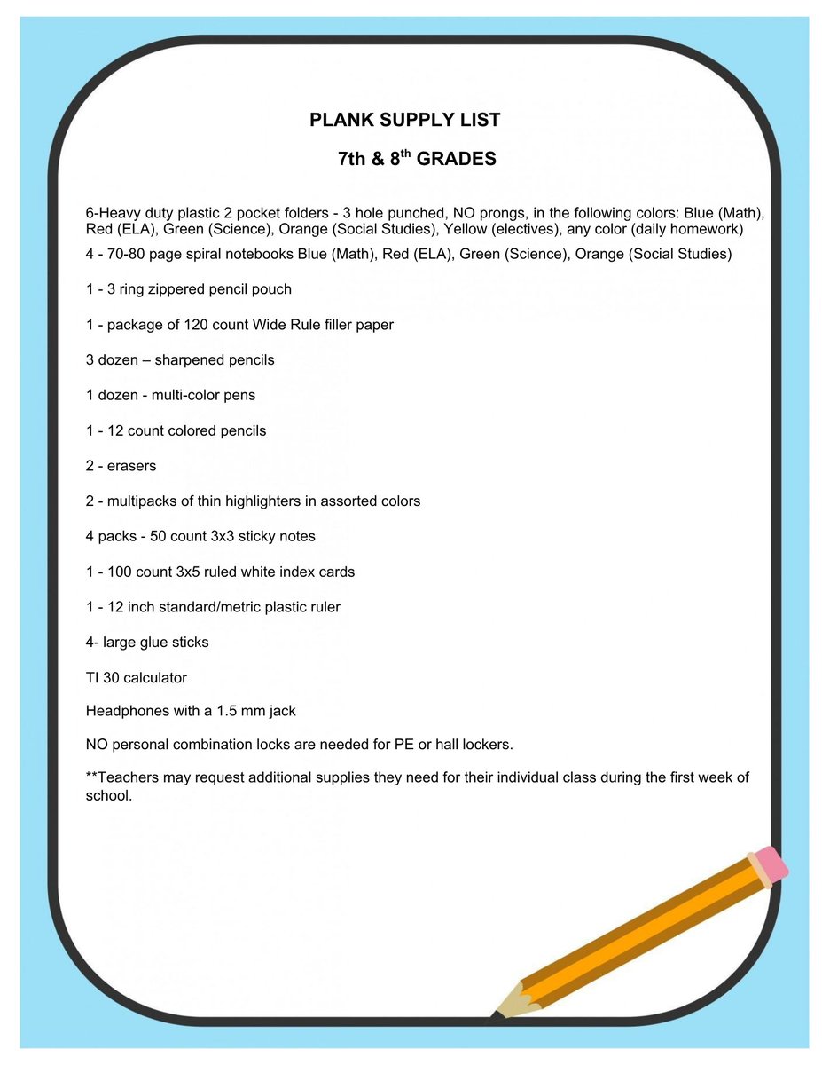 plank308's tweet photo. 📚 Plank's 2026 Back-to-School Supply Lists for 6th, 7th &amp; 8th Grades. https://t.co/5E8U5ZL4vH