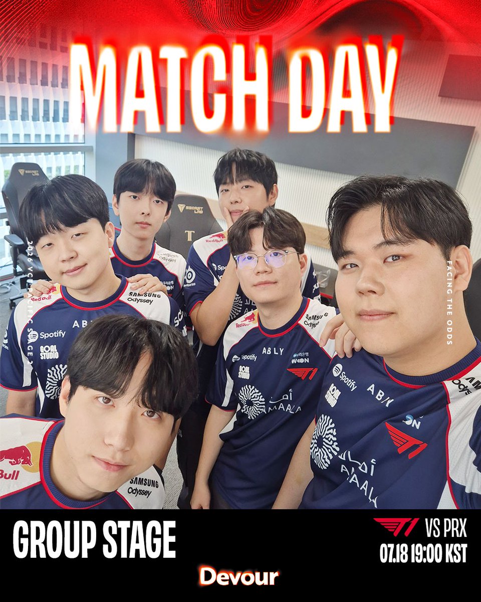 T1's tweet photo. TODAY'S MATCH UP 

🌊2026 VCT Pacific Stage 2
👊GROUP STAGE vs PRX
⏰07.18 SAT 19:00 PM [KST]

#T1VALORANT #DEVOUR