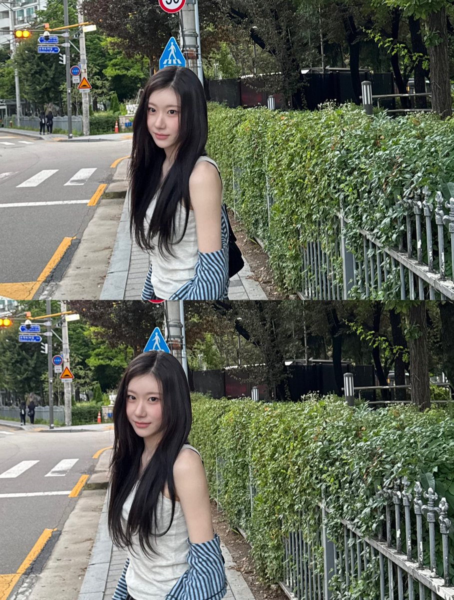 Chaeryeomng's tweet photo. Posted on the sidewalk, green hedge my backdrop, iron fence standin tall but I’m the one that lock. Slight smile like I know the plot, traffic light red, still I’m movin’ whether it stop. No filter needed this is the raw 4K real bb. https://t.co/xUom5wgMTf