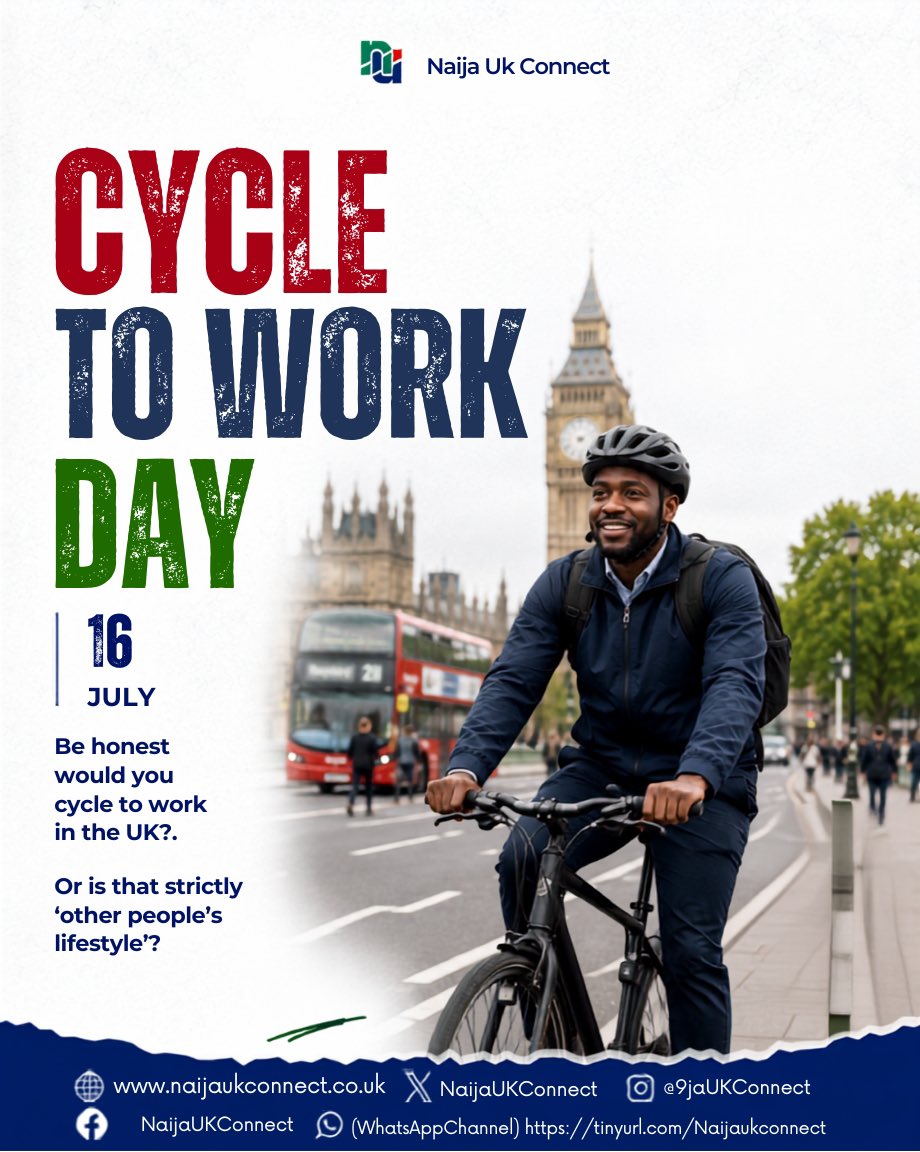 Naijaukconnect's tweet photo. 🚴🏾 Cycle to Work Day
Be honest… would you cycle to work in the UK?
For some, it’s a great way to save money, stay fit, & avoid traffic. For others… it’s strictly “other people’s lifestyle!”
Which team are you on? 🚴🏾♂️ or 🚗🚆
Drop your answer!
#CycleToWorkDay #HealthyLiving https://t.co/H12sEIUx1y