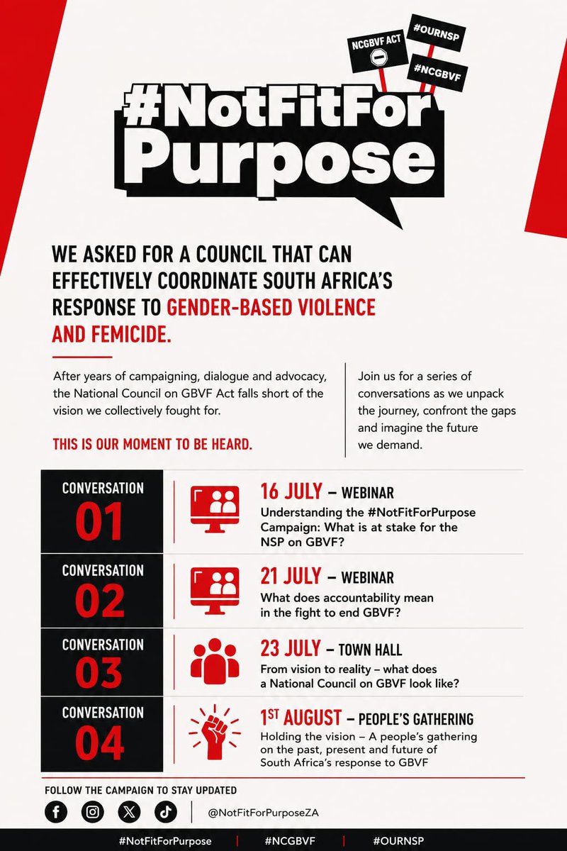 ISLAfrica's tweet photo. ISLA joins the Call to Action Coalition South Africa to launch the #NotFitForPurpose Conversation Series. Join us Thursday, 16 July at 6pm to discuss the National Council on GBVF Act and our future. Details below. #NotFitForPurpose #CalltoActionCollective #OurNSP #TotalShutdown https://t.co/qccAgP9JGI