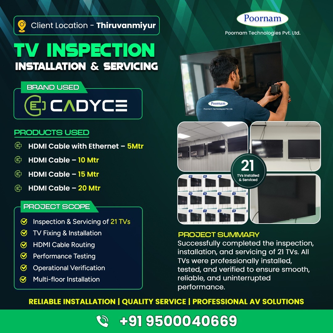 PoornamTech's tweet photo. 📺 TV Inspection, Installation &amp; Servicing Completed Successfully!
Poornam Technologies Pvt. Ltd. successfully completed the inspection, installation, and servicing of 21 TVs at our client's location in Thiruvanmiyur. https://t.co/e1mKW5mRSV
