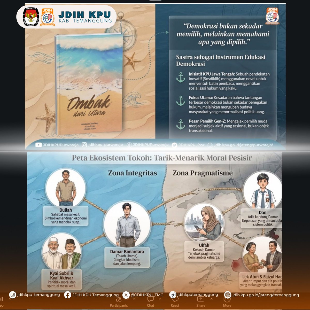 JDIHKPU_TMG's tweet photo. Halo #sobatjdihkputemanggung KPU Kabupaten Temanggung ikuti kegiatan Kajian Rutin Kamis Sesuatu Serial 'Advokasi Hukum Pemilu' Seri ke LVIII Diskusi Novel "Ombak Dari Utara", di Kantor KPU Kabupaten Temanggung, Kamis (16/7/2026). https://t.co/xGrYCK0LBy