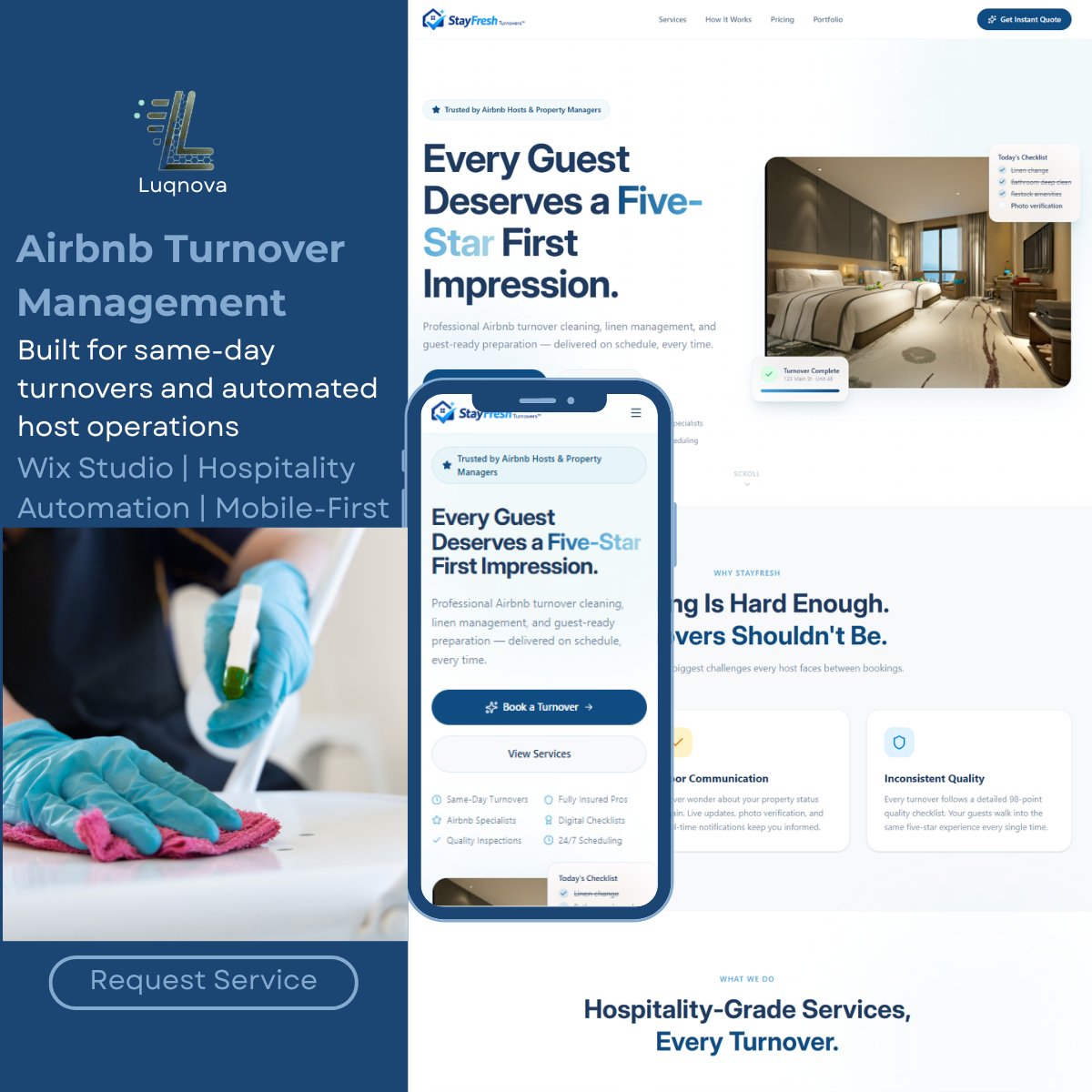 luqnova's tweet photo. 🧹 New concept website.

Designed for an Airbnb turnover cleaning service.

Focus:
✅ Mobile-first
✅ Fast booking journey
✅ Trust-building layout
✅ Clear CTAs
Good design isn't decoration, it's how businesses earn more bookings.
#WebDesign #WixStudio #Airbnb #UIUX #Luqnova https://t.co/6WBv8NWYn9