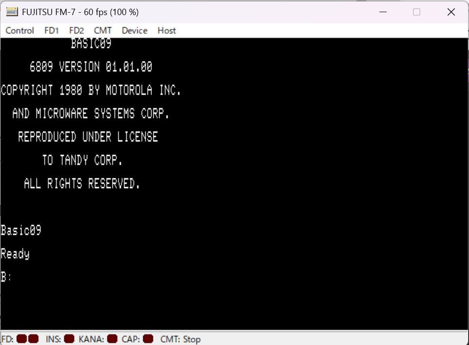 osaanmed's tweet photo. FM-7用NitrOS-9で、BASIC09が動きました！ついでにマルチタスクになっていることも確認です。「sleep 30 &amp;」でバッ���グラウンドになり、「procs」(psコマンドみたいなもの)でプロセスを確認できました。8ビット機でマルチタスクOSが動くのは感動します。メモリ不足が解消できれば文句はないのですが。 https://t.co/cjLLqCl1iG