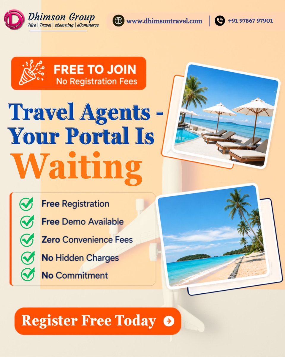 DhimsonT52064's tweet photo. Other portals charging too much? | Dhimson Travel says — try us for FREE.
Zero fees. No hidden charges. No commitment. Just results. ✈️
👉 https://t.co/q1oNaU6yB3 | +91 9756797901
#DhimsonTravel #TravelAgents #FreeRegistration #NoHiddenCharges #SwitchNow #TryOnce #JoinFree https://t.co/uYoHGSRGuu