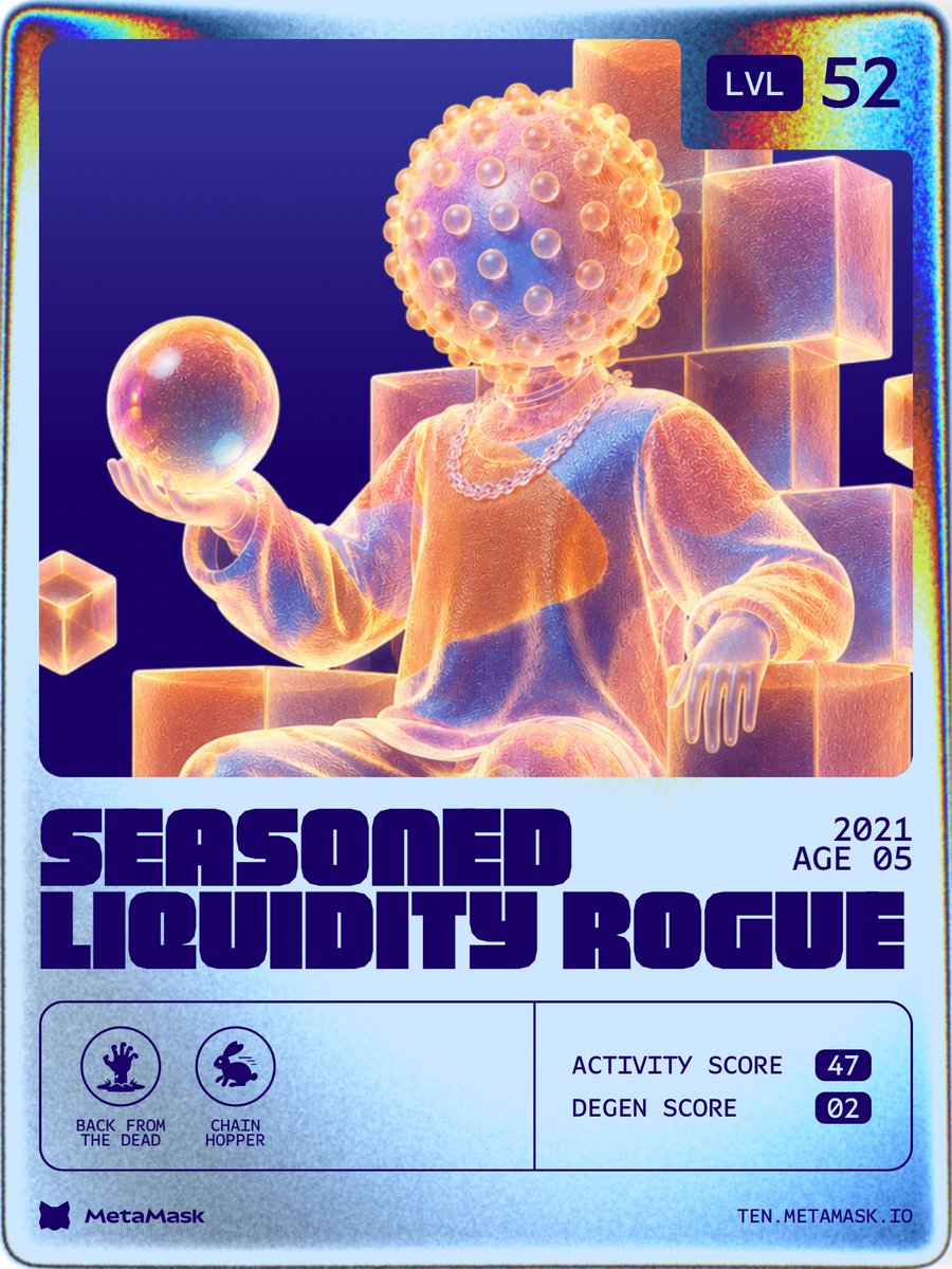 fancradle's tweet photo. MetaMask on-chain persona: SEASONED LIQUIDITY ROGUE — reveal yours and check your stats at https://t.co/PZgkob4M19 https://t.co/uPT06GE6Bk
