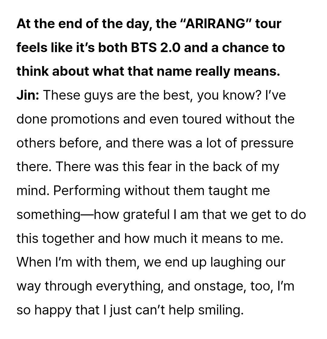 cestlavie9090's tweet photo. @BTS_twt Jin :These guys are the best, you know? I’ve done promotions &amp; even toured without the others before, &amp; there's a lot of pressure there. There's this fear in the back of my mind. Performing without them taught me something—how grateful I'm that we get to do this together https://t.co/x4bqdfmAvS