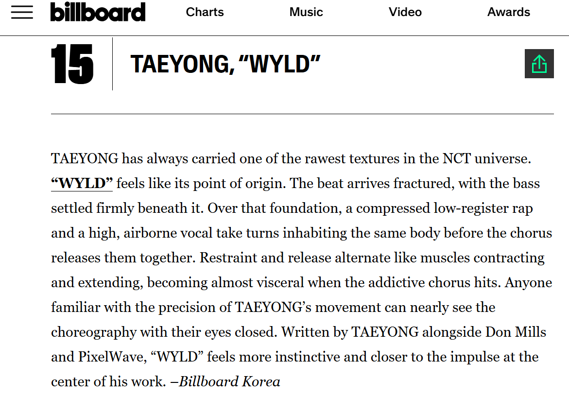 Leetaeyongbase's tweet photo. Billboard has officially named 'WYLD' by TAEYONG as one of the best K-pop songs of 2026 so far, ranking at #15🥳

Congratulations, Taeyong!🌹
🔗https://t.co/LGRdkDtmTD https://t.co/TgyJEhmr68