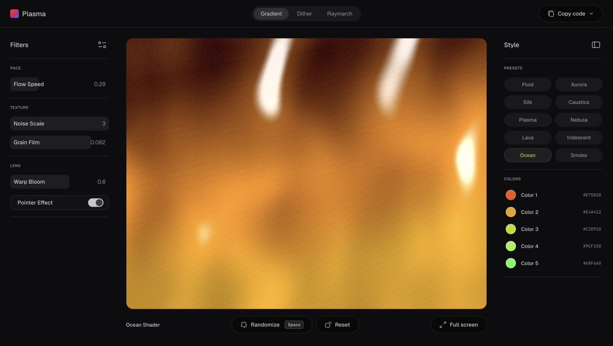 heykirman_'s tweet photo. I spent the last few days building a collection of interactive WebGL backgrounds.

No signup.
No watermark.
Just copy, embed, and ship.
Try it 👇

Gradient  https://t.co/wqcy5K6TSC
Dither https://t.co/UrIhkUyo2T
3D Shape https://t.co/IZbrZsCM8U

More : https://t.co/GjiuURVnv1 https://t.co/zwn4Mdcysn