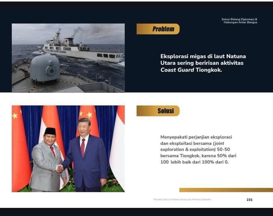 LambeSahamjja's tweet photo. prabowo setuju skema bagi hasil 50-50 dengan tiongkok : 
- prabowo setuju skema eksplorasi &amp; eksploitasi bersama 50-50 
- dengan tiongkok di laut natuna utara
- alasan: "50% dari 100 lebih baik daripada 100% dari 0" https://t.co/OY8xsxMeyv