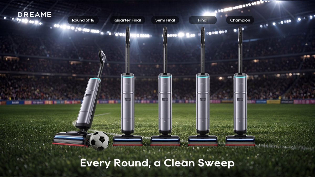 zmvk6's tweet photo. From Group Stage to Final, Clean Through
Every stage, a new challenge.
Dreame takes on every floor type, every spill, every corner –
wet or dry, hard or soft, one pass and it's done.
From kickoff to final whistle, nothing gets left behind.
#DreameWetDryVacuum #DreameToWin https://t.co/wUMqBgqegC