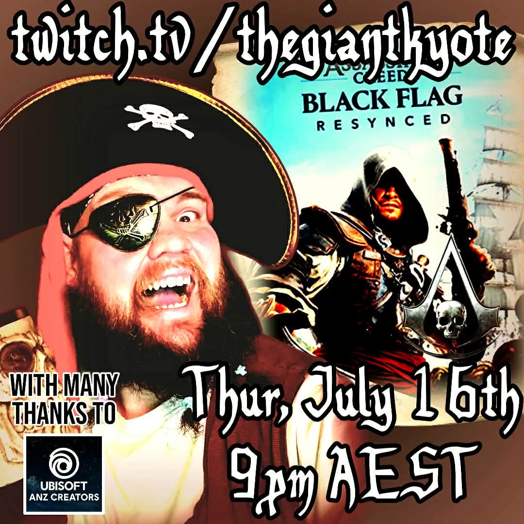 TheGiantKyote's tweet photo. SET SAIL WITH CAPTAIN GIANT TONIGHT!!!!
My friends we leave the dock at 9PM AEST for adventure with many thanks to @UbisoftANZ for this wonderful gift 🏴☠️🖤🏴☠️
#assassinscreed #ubisoftcreator #ubisoft #pirate https://t.co/cheWFUC3E6