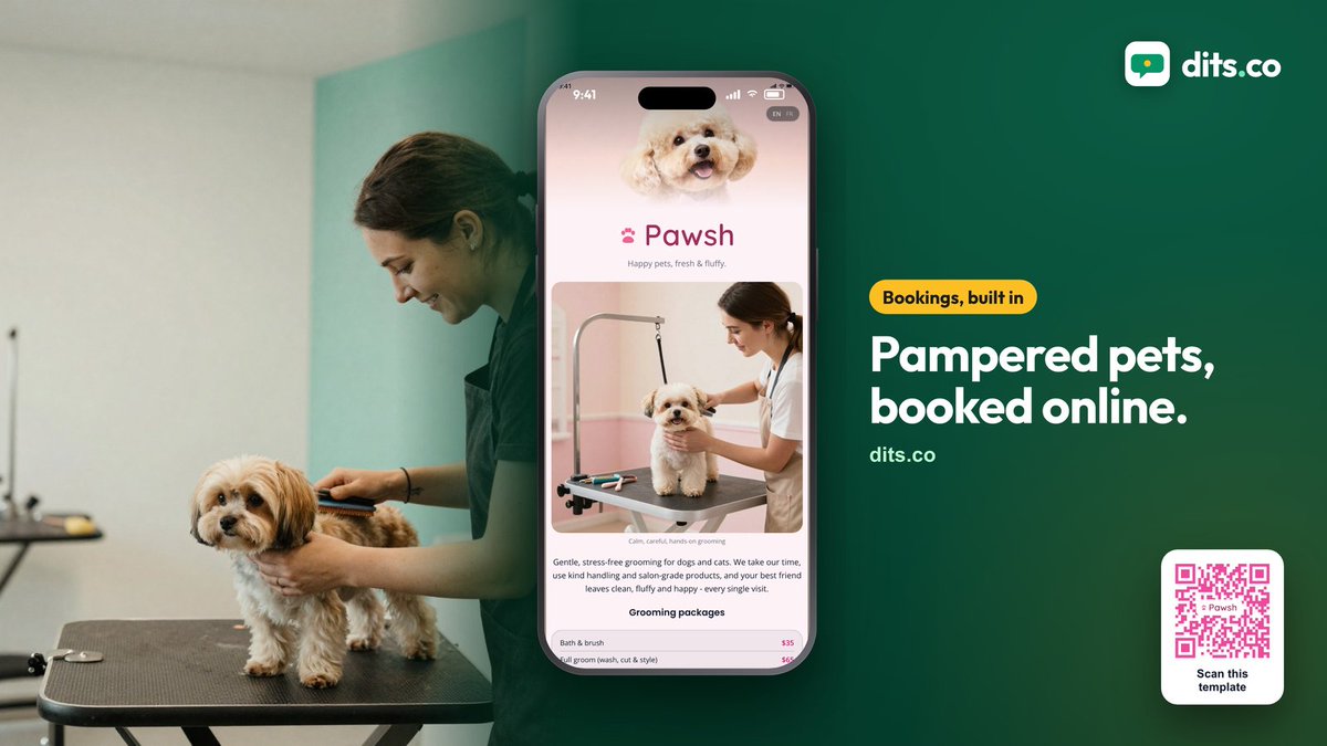 ditscoapp's tweet photo. Your phone shouldn't ring all day to book a wash.

Add a booking block to your https://t.co/Js9toXiFRP page and pet parents pick a slot in two taps. Works with Calendly, https://t.co/SSTjSf5QXb and Google Calendar.

Pampered pets, booked online → https://t.co/Js9toXiFRP https://t.co/Nh2Se0ZwSZ