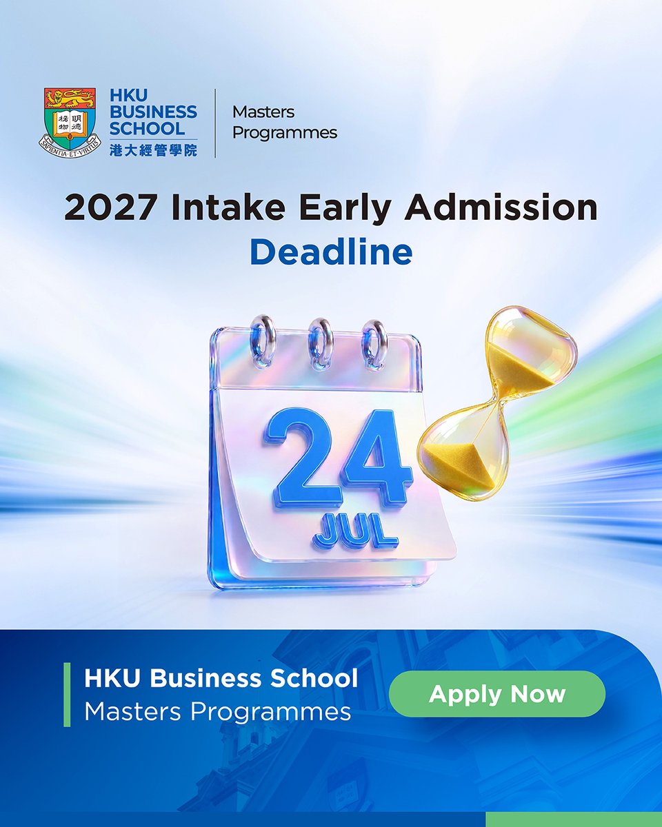 HkuMasters's tweet photo. Applications for the 2027 Fall semester at HKU Business School are now open – which means early admission applications are closing soon! Don’t miss your chance to secure your spot at Asia’s top business school.

👉Click the link for more details： https://t.co/Ycm9yAXJHh https://t.co/2ZL7gEthno