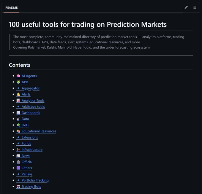 Raj574730743037's tweet photo. 整理了 12 个免费的 Polymarket 交易 GitHub 仓库

从新手可用的数据工具，到���阶交易 Bot，基本覆盖了你想自动化、复盘、回测、跟单和套利需要的东西

一、数据分析工具
1.Polymarket 最大规模公开数据集之一

超过 107GB 真实交易数据，覆盖 11 亿+ 笔交易，由上海大学 5 位��授收集和分析

GitHub：https://t.co/elq2eXZobs

2.预测市场回测模拟器

你可以把自己的交易想法放到真实历史市场里跑一遍，看潜在 PnL、胜率、回撤和风险到底长什么样

GitHub：https://t.co/zFtU8ITp1a

3.Polymarket 交易员行为分析 Bot

输入任意交易员，它会分析真实交易行为，找出重复模式、常用策略，以及哪些地方可以迁移到你自己的交易里

GitHub：https://t.co/HP5vJJazuw

4.历史市场数据抓取工具

可以拉取 #Polymarket 上几乎所有历史市场的数据，并生成详细统计和图表

GitHub：https://t.co/h0aJxkByVI

二、交易 Bot
1.一个自带 118 套策略和工具的预测市场交易 Bot

包括 Binance-Polymarket 延迟策略、智能路由、Penny Clipper、DCA Bot、均值回归等

GitHub：https://t.co/J5otMGbPQN

2.Polymarket 限价单管理工具

可以自动管理你的限价订单，帮助最大化流动性奖励

GitHub：https://t.co/qcy4j54UrR

3.预测市场交易工具包

覆盖 Polymarket-Kalshi 套利、体育交易、复制交易、spread farming、做市等功能

GitHub：https://t.co/CZvxvuruqH

4.天气交易 Bot

它会实时分析多种数据源，包括天气预报、机场公开数据、航空气象观测，比如 METAR 和 SPECI，为指定城市和日期生成最新温度报告

适合做 Polymarket 天气市场

GitHub：https://t.co/5xY3xWnn8J

5. Smart Money 策略交易 Bot

它会在指定市场里寻找顶级交易员，根据胜率筛选账户，并生成可用于自动跟单的列表

GitHub：https://t.co/YPoRJXsAtC

三、额外实用工具
1. AI Agent 构建工具

可以用来搭建自己的 AI 代理，让它执行复杂任务，比如数据分析、策略研究、自动化工作流等

GitHub：https://t.co/t0bQgyJYoA

2.过去 30 天网页趋势分析工具

它会围绕一个主题，分析最近 30 天互联网上发生了什么，找出有用模式和关联信息

交易前做信息面研究很实用

GitHub：https://t.co/TpcAgq2e1L

3.预测市场工具合集

一个大型公开资源库，收集了 100 个预测市场相关工具和服务，包括数据看板、AI Agent、交易 Bot、学习资源等

GitHub：https://t.co/7ZSdUFKyNx

这些仓库全部免费，而且大多带有英文版安装和使用教程

如果你想系统化研究 @Polymarket ，不要只盯着别人的截图和战绩

真正的差距，往往来自数据、回测、自动化和执行速度