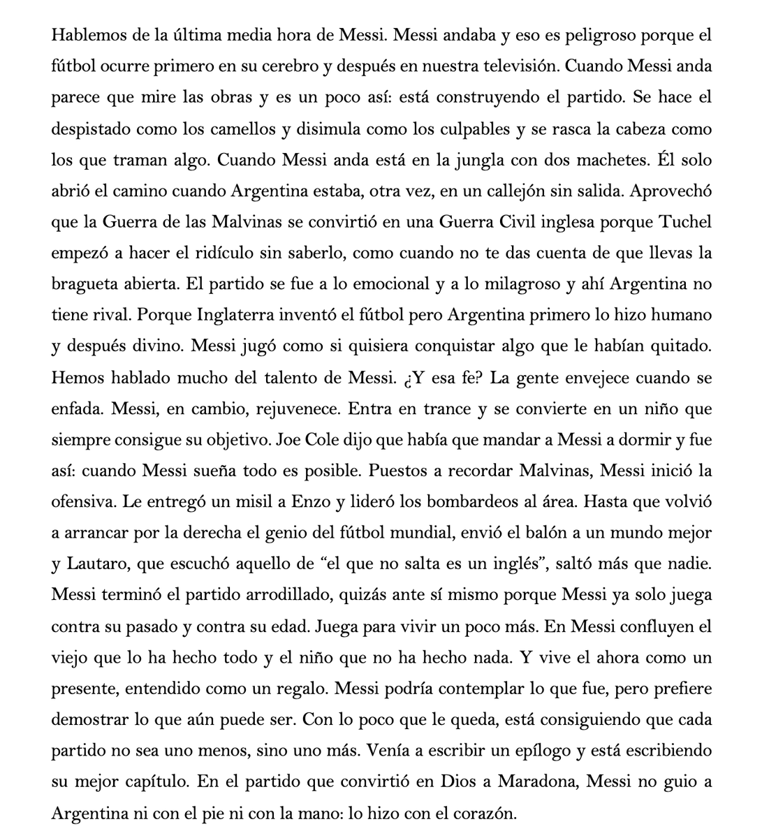 Sergiovazquez14's tweet photo. En el partido que convirtió en Dios a Maradona, Messi no guio a Argentina ni con el pie ni con la mano: lo hizo con el corazón.

He escrito sobre el Argentina-Inglaterra y la última media hora de Messi. https://t.co/u10abQvRtt
