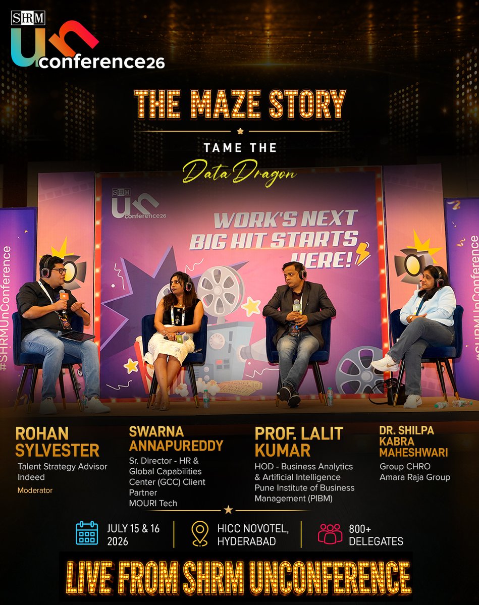 SHRMindia's tweet photo. Not all dragons breathe fire.
Some breathe spreadsheets, dashboards, and endless reports.

In The Maze Story: Tame the Data Dragon, Rohan Sylvester, Dr. Shilpa Kabra Maheshwari, Lalit Kumar and Swarna Annapureddy reminded us that data isn't the goal - better decisions are.

From cutting through information overload to asking the right business questions, the session was a masterclass in turning insights into action.

Because clarity will always outperform complexity.

#SHRMUnConference #BlockbusterOfWork