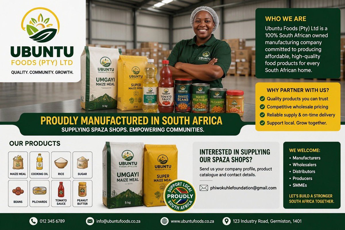 Radebe_merci's tweet photo. CALL FOR SOUTH AFRICAN MANUFACTURERS, SMMEs & SUPPLIERS 🇿🇦

The Phiwokuhle Empowerment Foundation (PEF) is building a national supplier database to support our PEF Spaza & Tuck Shop Empowerment Programme.

We are inviting South African manufacturers, wholesalers, distributors, producers, and SMMEs to partner with us by supplying products to township-owned spaza shops across the country.

We are looking for businesses that manufacture or supply products such as:
• Food & groceries
• Beverages
• Cleaning products
• Toiletries & personal care
• Household essentials
• Snacks & confectionery
• Fresh produce, talking about veges and fruits 
• And other retail products commonly sold in spaza shops.

If you are an SMME, manufacturer, or supplier and would like your products to be considered, please send your company profile, product catalogue, and contact details to:

📧 phiwokuhlefoundation@gmail.com

Together, let’s build stronger local supply chains, support South African businesses, and grow township economies.

Phiwokuhle Empowerment Foundation (PEF)
Empowering Communities • Building Sustainable Businesses • Creating Economic Opportunities