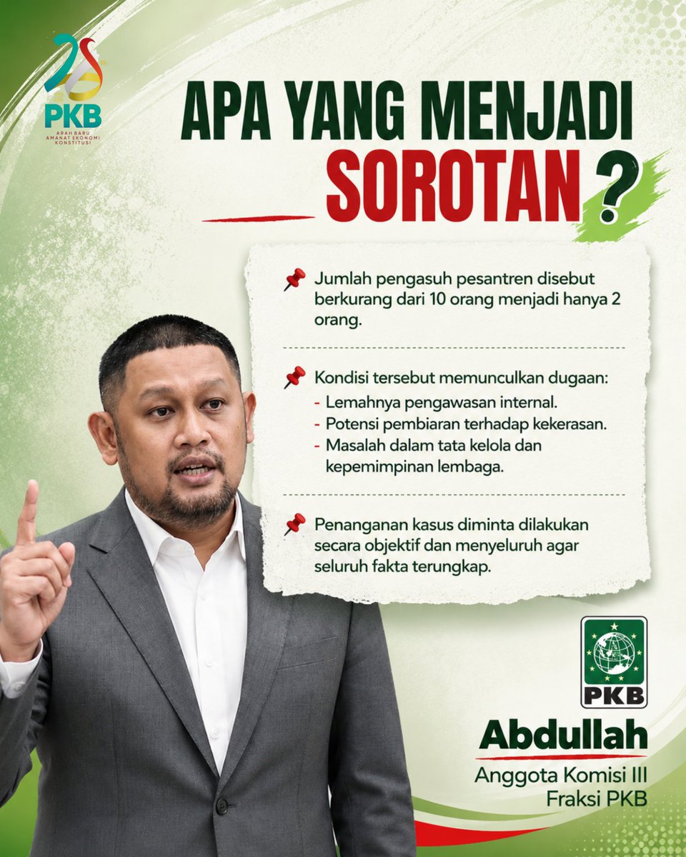 dpw_pkbsumut's tweet photo. Anggota Komisi III DPR RI FPKB Abdullah / Gus Abduh "Kasus tewasnya seorang santri di Lombok Tengah harus diusut secara menyeluruh, profesional, dan transparan".
https://t.co/q643FspqAO
#DPWPKB
#Pkb
#SalamCinta
#BangkitSolidMenang https://t.co/VhhKLbKcJM