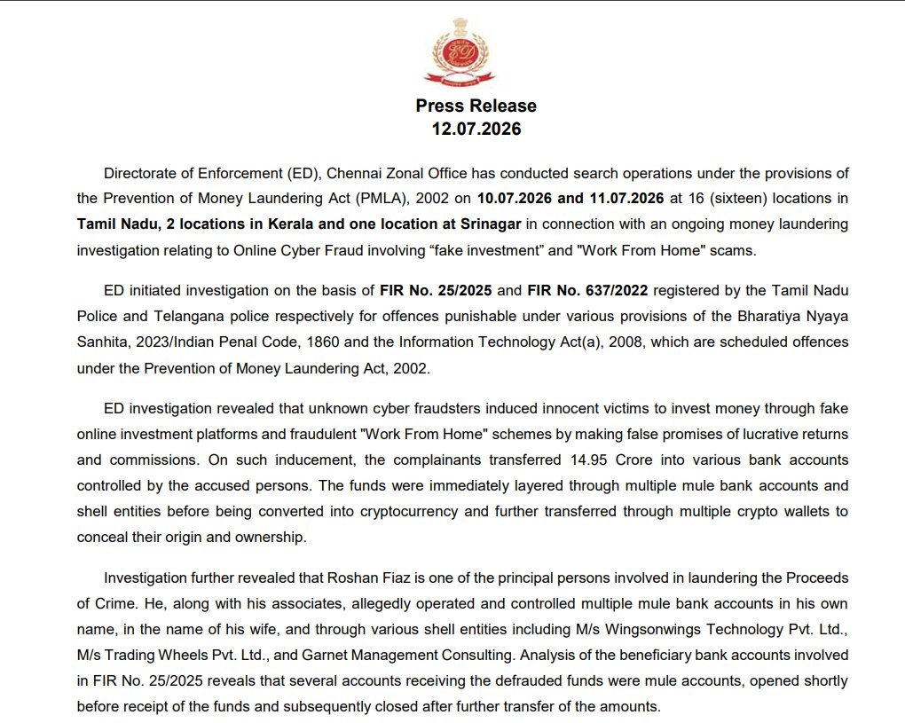 thisisksa's tweet photo. ED has raided 19 locations across Tamil Nadu, Kerala, and Srinagar in a ₹14.95 crore online investment fraud probe, seizing ₹3.35 crore in #crypto, ₹14.5 lakh in cash, and freezing over ₹40 lakh in bank accounts. 🇮🇳

Investigators say the stolen funds were routed through shell companies before being converted into crypto.

The scam isn't crypto itself, but every headline linking fraud to digital assets strengthens the government's case for tighter regulations and stricter scrutiny of the industry.