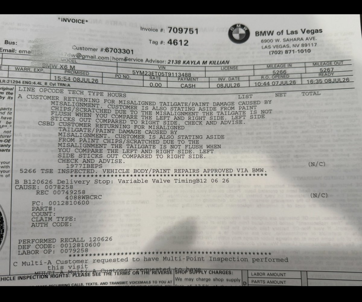 ccf1130's tweet photo. In November 2025, I leased a 2026 BMW X6 M Competition from the BMW of Las Vegas dealership under a three-year contract valued at $160,000; the vehicle currently has 5,372 miles on the odometer. Evidence indicates that the vehicle had a misaligned rear tailgate at the time of delivery—a quality issue that the dealership knowingly concealed. Over the following six months, the tailgate problem worsened. Furthermore, while the vehicle was undergoing warranty repairs at the BMW of Las Vegas Service Center, technicians scratched the bodywork; two subsequent repair attempts by the dealership resulted in additional damage, leading to current repair costs of $13,000. Everyone should exercise caution when purchasing a BMW and be wary of this specific dealership!