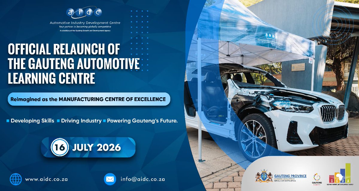 AIDCgauteng's tweet photo. Join us for the Official Relaunch of the Gauteng Automotive Learning Centre, now reimagined as the Manufacturing Centre of Excellence!

Watch live here: https://t.co/KsGwEcemR0

#GALCRelaunch #ManufacturingCentreOfExcellence #FutureSkills #MadelnGautengBuiltForTheWorld https://t.co/hDDJV0NE6X